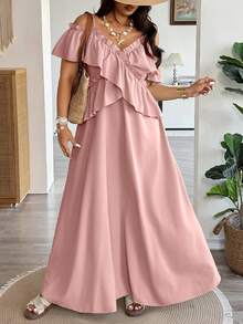 Vionelle Plus Size Women's Dusty Pink Summer Boho Spaghetti Strap Dress, Elegant Ruffled Criss-Cross Off-Shoulder Long Dress, Wedding Vacation Guest Tea Party - Baby Pink - View 3