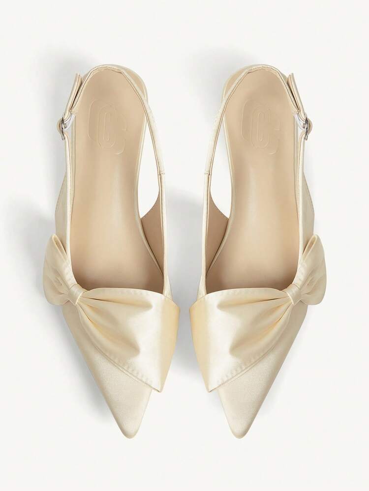 CUCCOO CHICEST Women Shoes Spring Summer Satin Big Bow Decorated Back Tripple Tip Flat Bottom, French Elegant Style Champagne Satin Women's High Heel Sandals Home Wear Outside Commuting Shopping Dating Holiday Gifts