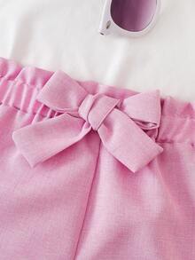 Young Girl Asymmetrical Neck Tank Top & Paperbag Waist Belted Shorts Summer Holiday - Multicolor - View 6