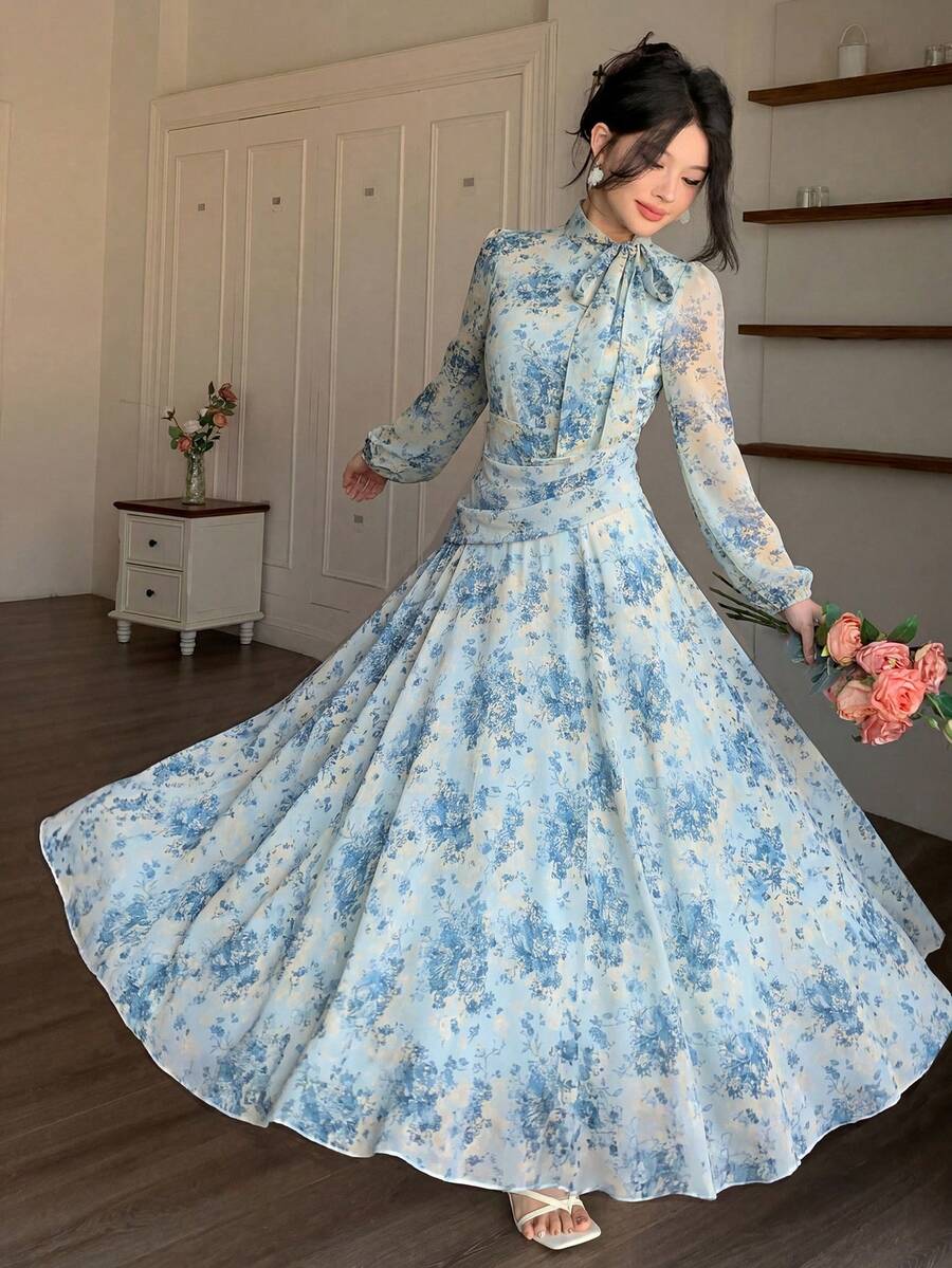 Modelyn 女士蓝色系带领褶皱腰身连衣裙,适合春秋季户外穿着 - 藍色 - 查看 1