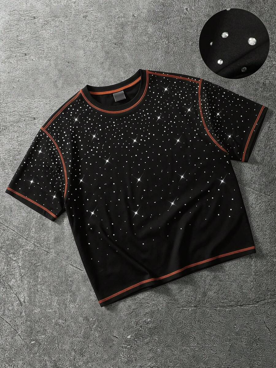 ROMWE MEN Street Life Men's Summer Fashion Rhinestone Decor Contrast Trim Loose Fit T-Shirt - Black - View 1