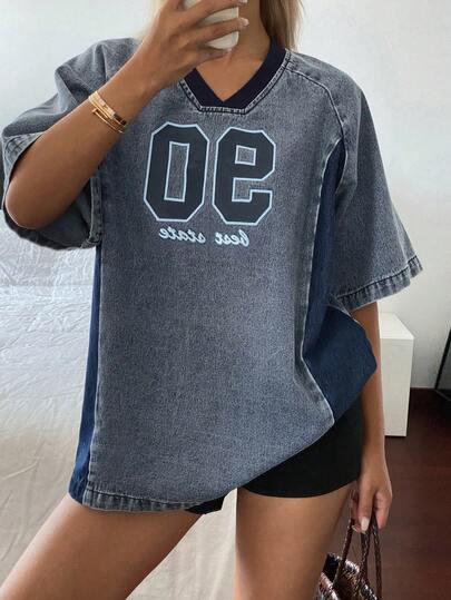 Livesso Women's V-Neck Contrast Letter Print Loose Denim Short Sleeve Top