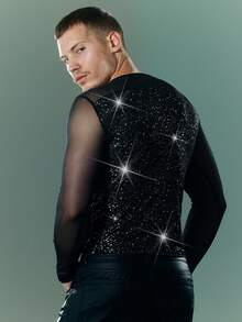 Men's Round Neck Long Sleeve T-Shirt, Men's Mesh Patchwork T-Shirt - Black - View 2