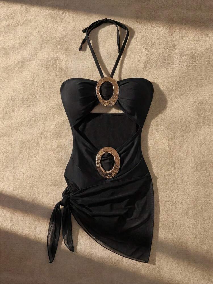 Women's Vacation Beach Metal Decor Hollow Out Halter One-Piece Swimsuit Cover Up With Skirt 2-Piece Set