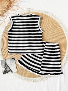 SHEIN Vintaside Kids 2件套女童条纹爱心贴布针织提花宽松背心短裤套装，适合休闲、度假、运动、夏季穿着 - 彩色 - 查看 2
