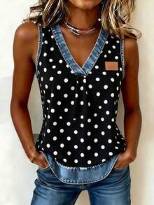 EMERY ROSE Camisole Leher V Motif Polkadot Patchwork Efek Denim Gaya Liburan Vintage Musim Panas Baru untuk Wanita - MultiWarna - View 3
