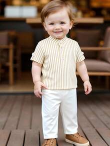 SHEIN Vintaside Kids 两件套男婴可爱休闲条纹polo衫和松紧腰条纹裤套装，适合生日派对、晚宴、演出、婚礼、婴儿派对等场合。 - 卡其色 - 查看 4