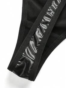 AltCore 3pcs/Set Pakaian Dalam Wanita, Patchwork Kulit PU, Desain Kupu-kupu Besar Bordir di Bagian Depan, Lingerie Seksi untuk Wanita Bertubuh Mungil - Hitam - View 5