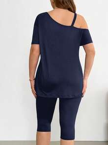 Shapeblank Bộ đồ nữ cỡ lớn mùa xuân/hè thời trang, thoải mái, co giãn, tôn dáng, gồm áo tay ngắn trễ vai và quần skinny màu đen, thích hợp mặc hàng ngày, quần áo mùa hè, bộ quần áo, trang phục sân bay. - Màu xanh hải quân - Xem 2