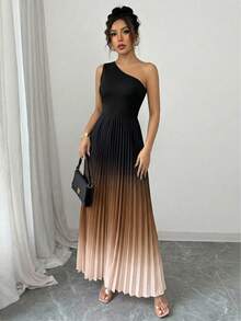 Modelyn Đầm ombre thời trang dành cho nữ với thiết kế tay áo bất đối xứng, đầm xếp ly xòe rộng, thích hợp cho tiệc tùng và ngày lễ. - màu đen - Xem 6