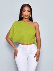 Women's Solid Color Asymmetrical Shoulder Batwing Sleeve Cropped Shirt - Blue - View 4