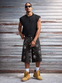 AXEPEAK Men's Washed Rhinestone Embellished Casual Shorts - Black - View 6