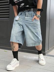 Manfinity EMRG Men's Casual Street Style Embroidered Blue Wide Leg Denim Shorts - Light Wash - View 3