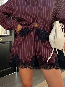 Siren Gaze 2pcs Striped Short Shirt And Shorts Set, Black Lace Decor Women 2-Piece Outfit - Burgundy - View 5