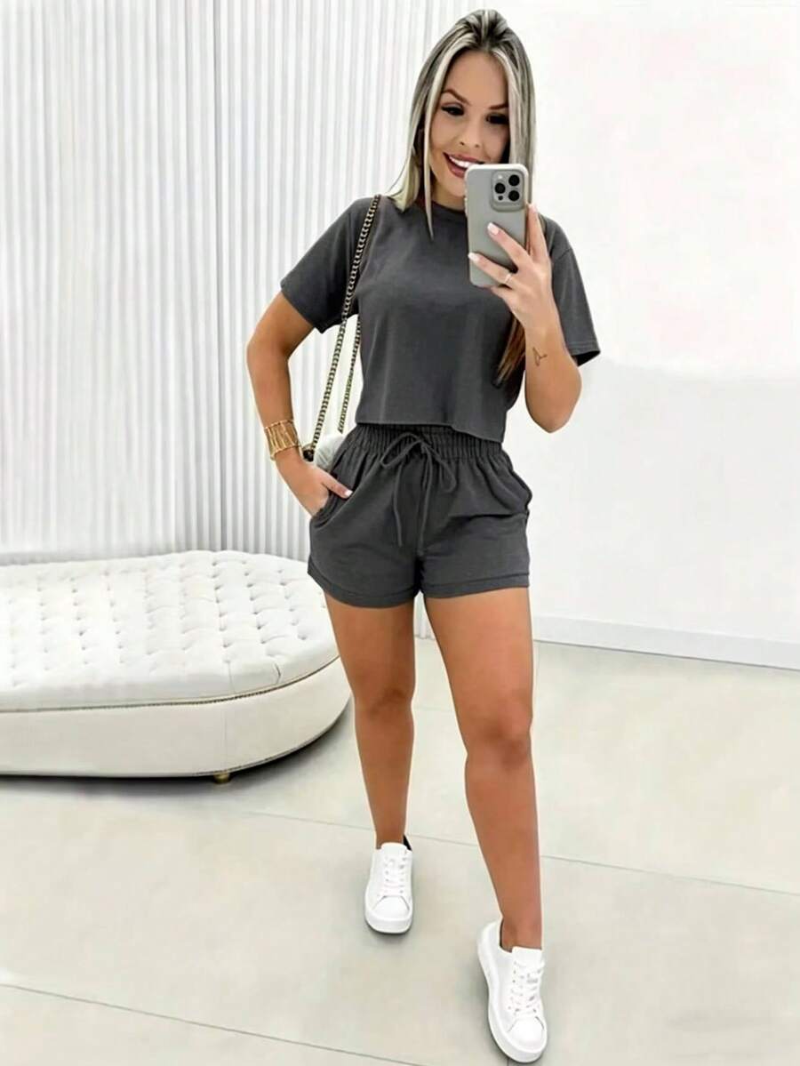 Selamara Bộ 2 món đồ nữ màu trơn cổ tròn tay ngắn, kiểu dáng thường ngày mùa hè. - Màu xám đen - Xem 1