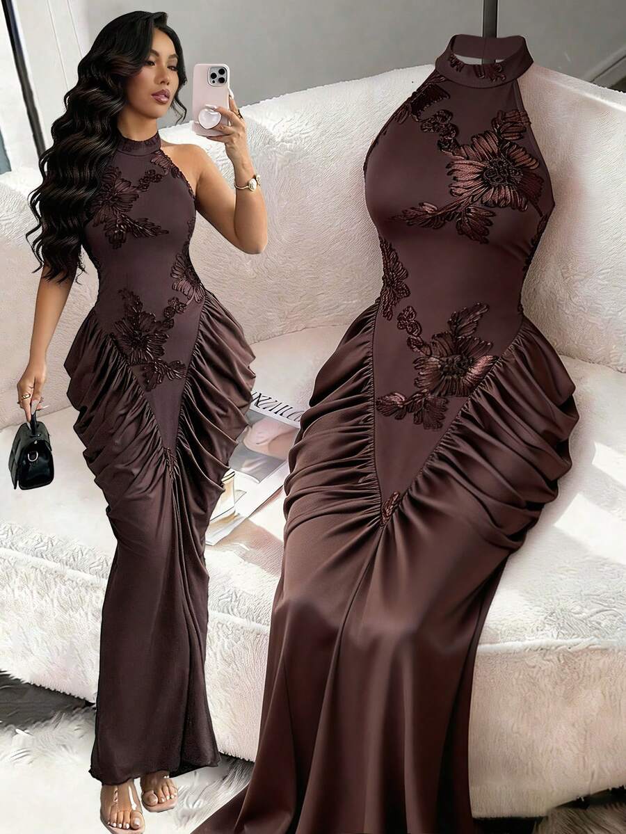 Modelyn Brown Mesh Jacquard Embroidered Backless Ruched Design Dress, Elegant & Fashionable Dresses Brown Dress Halter Neck Dress Elegant Dress Woman Dress Formal Where To Buy Evening Dresses Evening Dresses For Women Latest Dress High Quality Dress Luxury Evening Gown