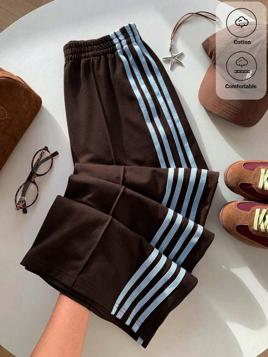 Comfortcana Quần nỉ ống rộng kẻ sọc phối màu phong cách thường ngày dành cho nữ, thích hợp cho mùa hè, thu, đông, màu nâu. - màu nâu - Xem 1