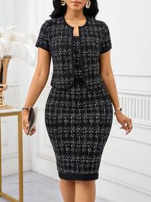 SHEIN Lady Elegant Plaid Short Sleeve Top And Dress Set For Commuting - Black and White - View 9
