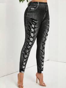 SHEIN Lady Quần legging buộc dây họa tiết ngô co giãn dành cho nữ - màu đen - Xem 10