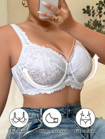 1 Stück Damen Große Größen Unterwäsche mit Bügel, Blumen Spitze Patchwork ohne Polsterung, bequem und stützend mit breiten Trägern