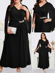 Reflora Plus Size Elegant Rhinestone Decor Split Sleeve Cinched Waist Dress, Autumn Wedding Formal Guest Black Fall - Black - View 10