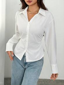 SHEIN PETITE Women's Elegant White Long Sleeve Shirt,Tie-Waist Cinched Striped Blouse,Casual Office Commuter Work Attire,Bohemian Vacation Summer Blouses ,Petite Women - White - View 4