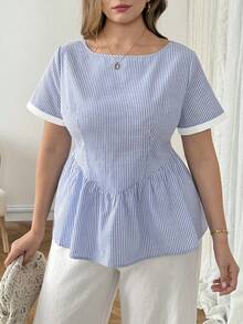 SHEIN LUNE 大码夏季休闲条纹荷叶边短袖衬衫 - 藍白色 - 查看 5