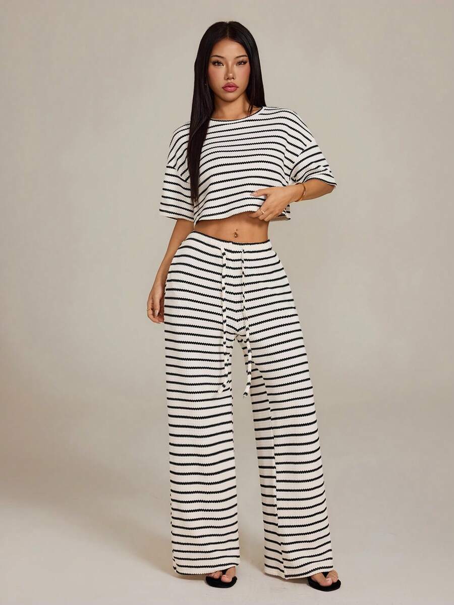 SHEIN PETITE Women's Casual Striped Cropped T-Shirt And Pants 2 Pieces Set, Summer - Apricot - View 1