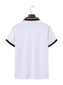 Manfinity Homme 大尺碼男士休閒拼色短袖 Polo 衫，夏季，正式 - 白色 - 查看 3