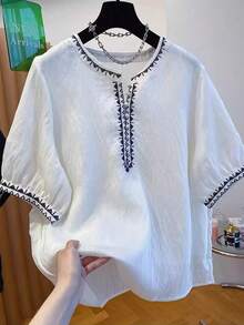 Franclia Camisa de manga corta con diseño de cuello calado y bordado, talla grande para verano - Blanco - Ver 5