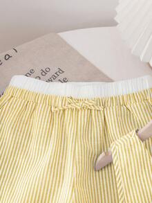 SHEIN LMoss Kids 少女优雅时尚条纹撞色无袖套装 - 黃色 - 查看 3