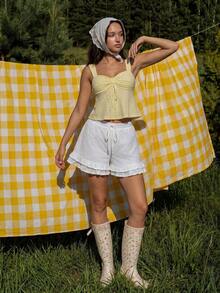 MainGRL Women's Cute White Summer Beach Picnic Holiday Woven Embroidered Frill Trim Shorts, 2026 SS New Elegant Vacation Casual Low Waist Travel Daily Wear - White - View 3
