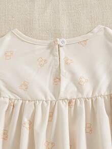 SHEIN 法国新款女婴幼儿/新生儿0-3岁春夏浅米色休闲百搭可爱甜美趣味小熊印花短袖连衣裙，适合外出穿着 - 米色 - 查看 7