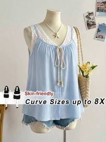 SHEIN CURVE+ 大码女式无袖上衣，休闲女士背心，蓝色吊带衫，新款夏季背心，青少年休闲服装，夏季上衣 - 藍白色 - 查看 8