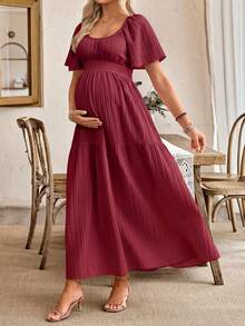 SHEIN Maternity Casual Ruffle Sleeve Bow Back Design A-Line Dress - Burgundy - View 4