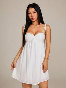 SHEIN PETITE Đầm hai dây nữ màu trơn, chi tiết xoắn, kiểu dáng thường ngày, đầm hè cho nữ. - trắng - Xem 4