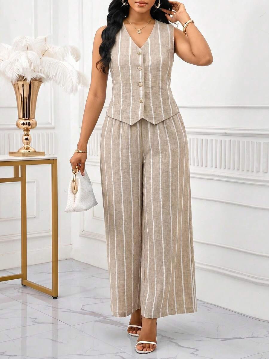 SHEIN Lady 女士休闲条纹纽扣前开襟背心和裤子两件套，夏季 - 棕色 - 查看 1