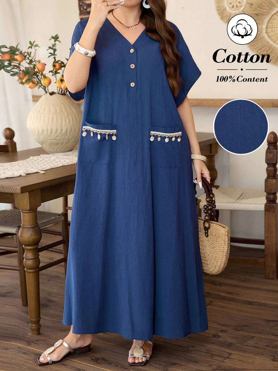 Lacomfia Navy Blue Linen Casual Loose Dress, Short Sleeve, Comfortable Daily Wear, Versatile, Wooden Button, Shell Tassel Decor, Plus Size Women - Navy Blue - View 1