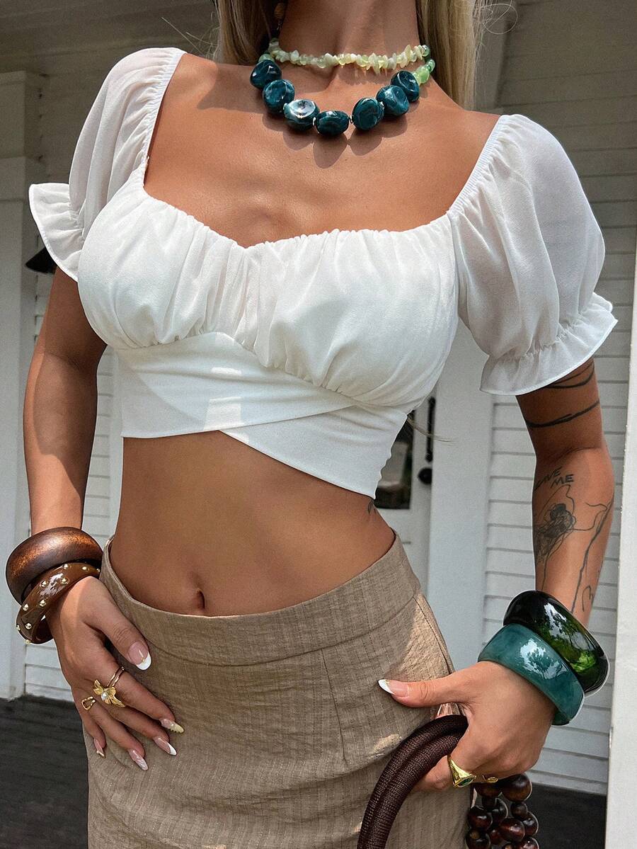 DAZY Áo croptop tay bồng thanh lịch, lãng mạn dành cho nữ, thích hợp cho mùa xuân và mùa hè. - trắng - Xem 1