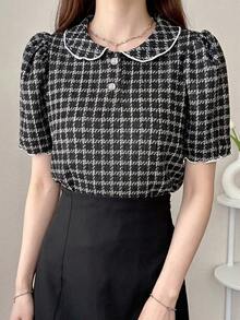 FRIFUL 女款杏色 Polo 領 T-shirt，對比縫線設計，泡泡袖圖案印花短袖上衣，適合夏季校園穿搭 - 黑色 - 查看 5