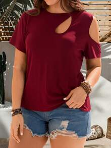 EMERY ROSE Plus Size Women's Summer Casual Vacation Country Regular Fit Hollow Out Design Short Sleeve Solid Color Wine Red T-Shirt,Casual Holiday Style,Summer Outfits For Women ,Vacation Outfits Women ,Holiday Outfits For Women,Going Out Outfits, New Clothes,Simple And Fashionable For Everyday Wear,Suitable For Summer, Vacation, Daily Wear, Festival Outfits For Women,Country Concert Outfit,Beach Outfits For Women,Western Style,Gifts For Mother,Boho Top, Cold Shoulder Top, Blouses For Women New T Shirt, Women Tops - Burgundy - View 7