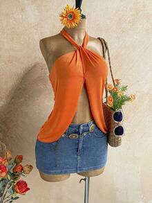 Soleia New Back To School Casual Vacation Western Beach Wedding Guest Outfit Graduation Brunch Women's Wear St. Patrick's Day Spring Break Easter Music Festival Elegant Bohemian Tropical Elegant Orange Elastic Glitter Knit Halter Backless Tie-Up Women's Tank Top - Orange - View 4