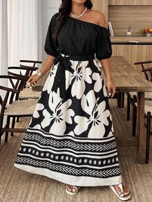 Weeklong Vestido asimétrico de hombro con estampado floral y patchwork para vacaciones de talla grande - Multicolor - Ver 4