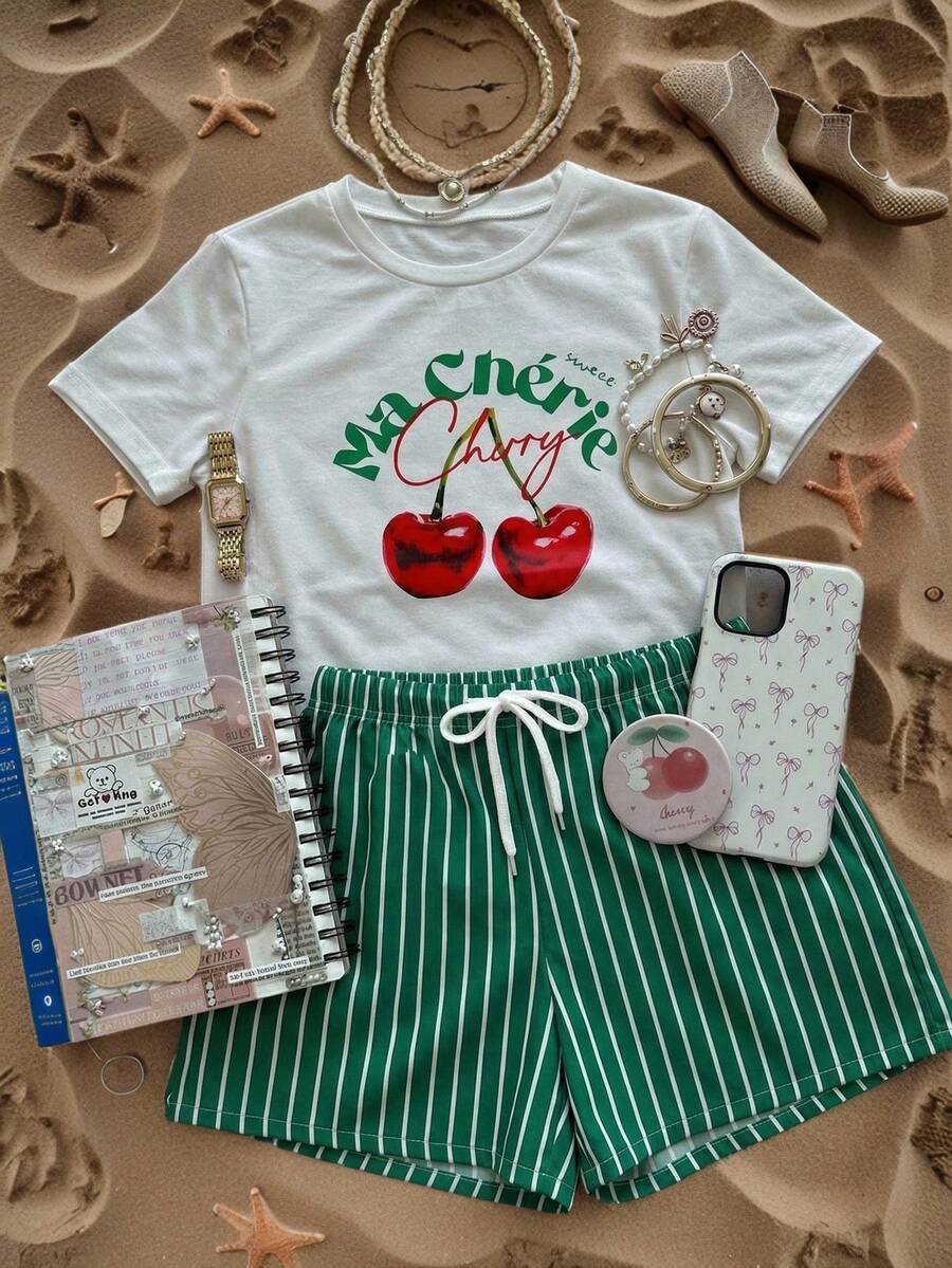Bộ áo thun ngắn tay cổ tròn kẻ sọc trái cây nhiệt đới và anh đào dành cho bé gái tuổi teen, kiểu dáng rộng rãi, thoải mái, thích hợp cho kỳ nghỉ hè ở bãi biển. - Nhiều màu - Xem 1