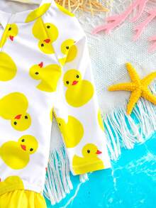 SHEIN Newborn Baby Cartoon Print Long Sleeve Rash Guard & Swim Cap Set, Suitable For Summer Vacation & Beach - Yellow - View 8