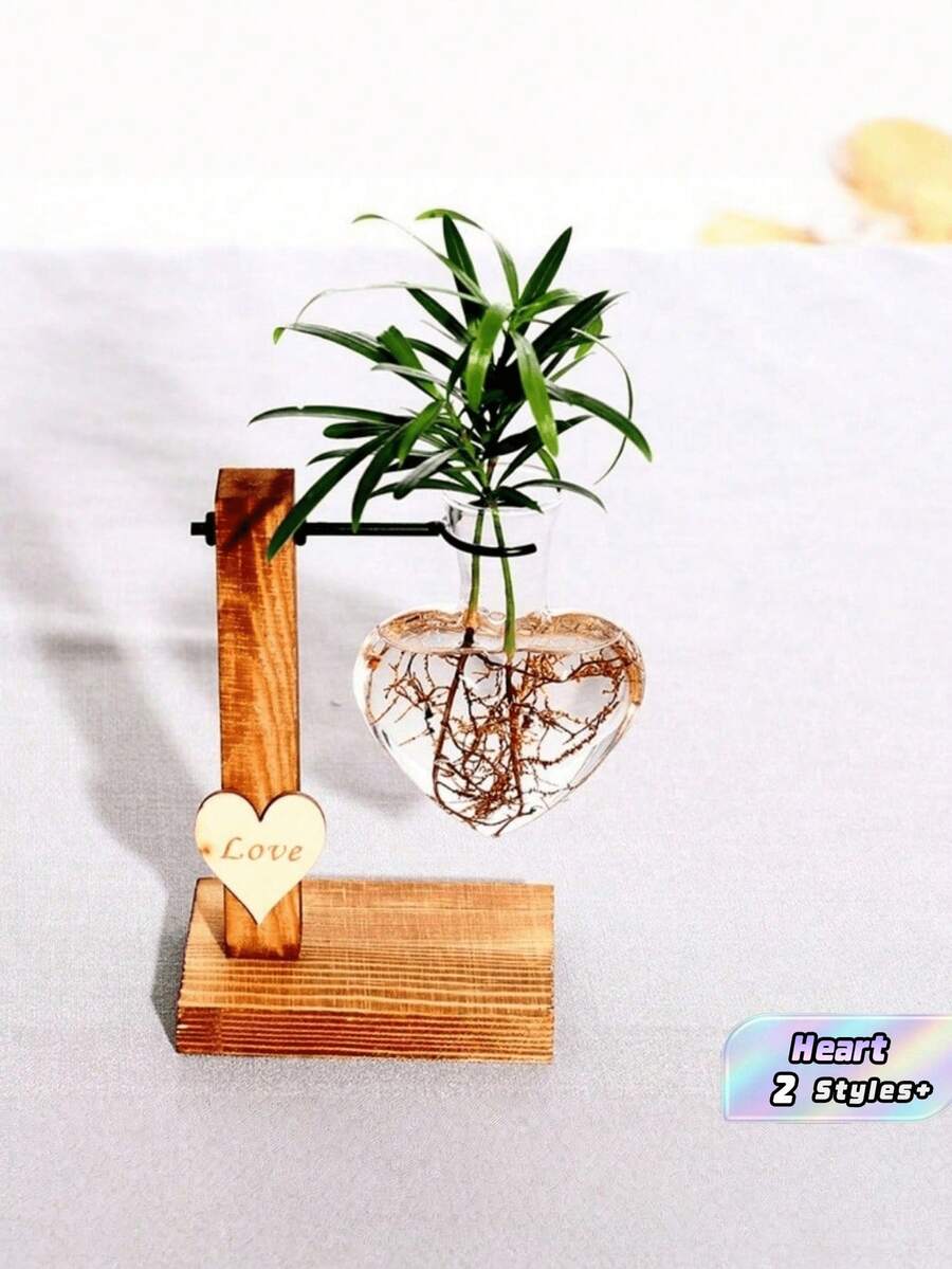 1个玻璃花瓶,适用于水培植物,心形木框干花架,现代桌面种植球茎花瓶,适合多肉植物,乡村秋季餐桌装饰,家居卧室装饰,女士礼物,生日、圣诞节、毕业礼物 - 多款式 - 查看 1