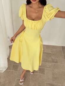 SHEIN PETITE Đầm vàng tay cánh hoa, thắt eo, dài ngang gối - Màu vàng - Xem 5