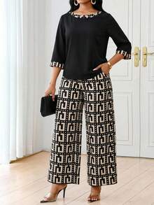 SHEIN Lady Women's Geometric Print Patchwork 3/4 Sleeve Shirt And Wide Leg Pants Casual 2 Pieces Set Pattern Pants Pants And Top Set Blouse And Pants Set Wide Leg Pants Set 2 Piece Woman Set Pants - Multicolor - View 7