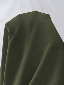 Elenzga 大码女装春夏法式优雅奢华简约设计休闲波西米亚风度假/通勤复古风舒适纯色亚麻质感面料交叉V领抽绳腰后褶皱松紧腰不对称下摆喇叭袖长连衣裙 - 軍綠色 - 查看 8