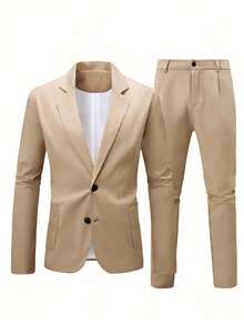 Calvornis Plus Size Men's Solid Color Button Front Long Sleeve Blazer And Pants Business/Casual Suit Set Men Casual Suit Men Suit Spring Fall 18 25 63 77 Men Suits Suit Set Suits For Men Suit Set - Khaki - View 3